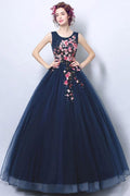 Abito da ballo formale in tulle blu scuro navy con applicazioni PG698