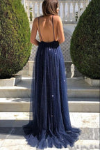 Dark Navy Long A-line V-neck Spaghetti Straps Sequins Open Back Prom Dress