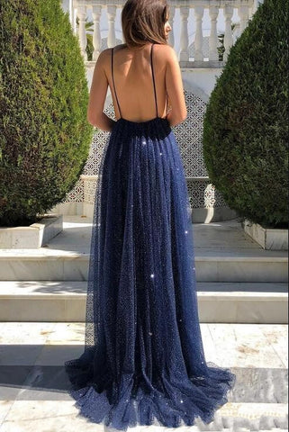 Dark Navy Long A-line V-neck Spaghetti Straps Sequins Open Back Prom Dress
