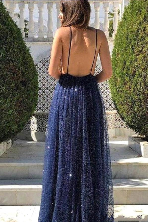 Dark Navy Long A-line V-neck Spaghetti Straps Sequins Open Back Prom Dress