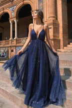 Dark Navy Long A-line V-neck Spaghetti Straps Sequins Open Back Prom Dress