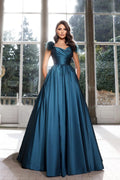 Vestido de fiesta largo satinado en línea A, color azul marino oscuro, con escote corazón, caído de hombros y borlas