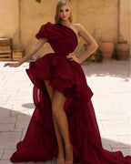 Dark Green High Low One Shoulder A-line Tulle Short Prom Dress with Ruffles