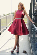 Vestido corto de fiesta de graduación de color rojo oscuro con bolsillo y espalda abierta PD269