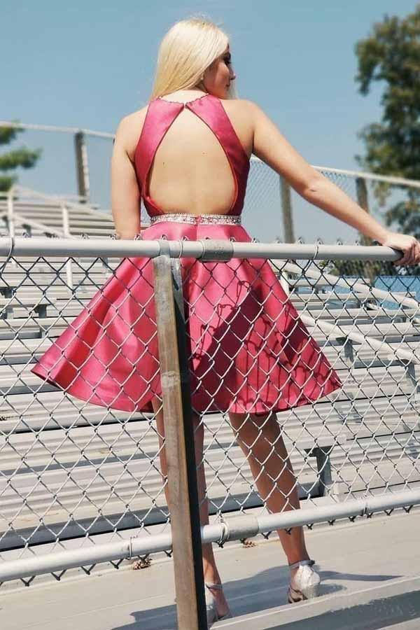 Dark Red Homecoming Dresses with Pocket Open Back Short Prom Dress  PD269