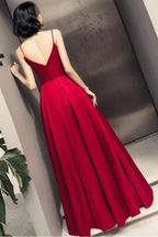 Vestido de festa simples em cetim com alças vermelho escuro PSK028
