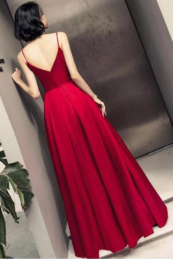Vestido de festa simples em cetim com alças vermelho escuro PSK028