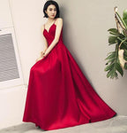 Vestido de festa simples em cetim com alças vermelho escuro PSK028