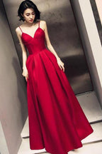 Vestido de festa simples em cetim com alças vermelho escuro PSK028