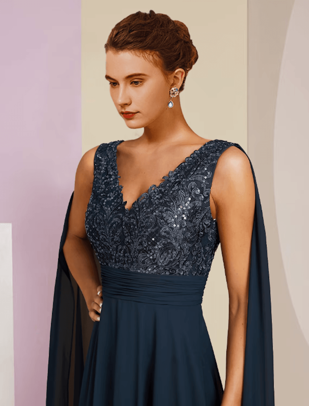 Vestido de festa formal para mãe da noiva, decote em V, comprimento até ao chão, chiffon, renda, sem mangas, com pregas, lantejoulas