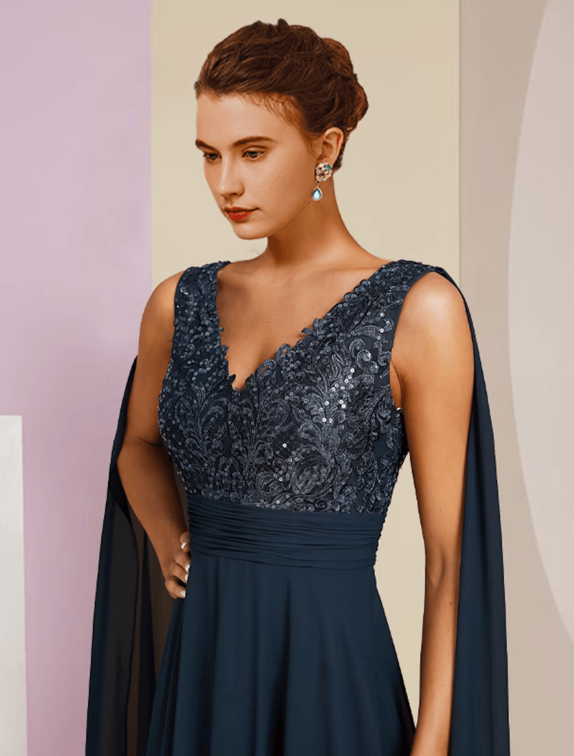 Vestido de festa formal para mãe da noiva, decote em V, comprimento até ao chão, chiffon, renda, sem mangas, com pregas, lantejoulas