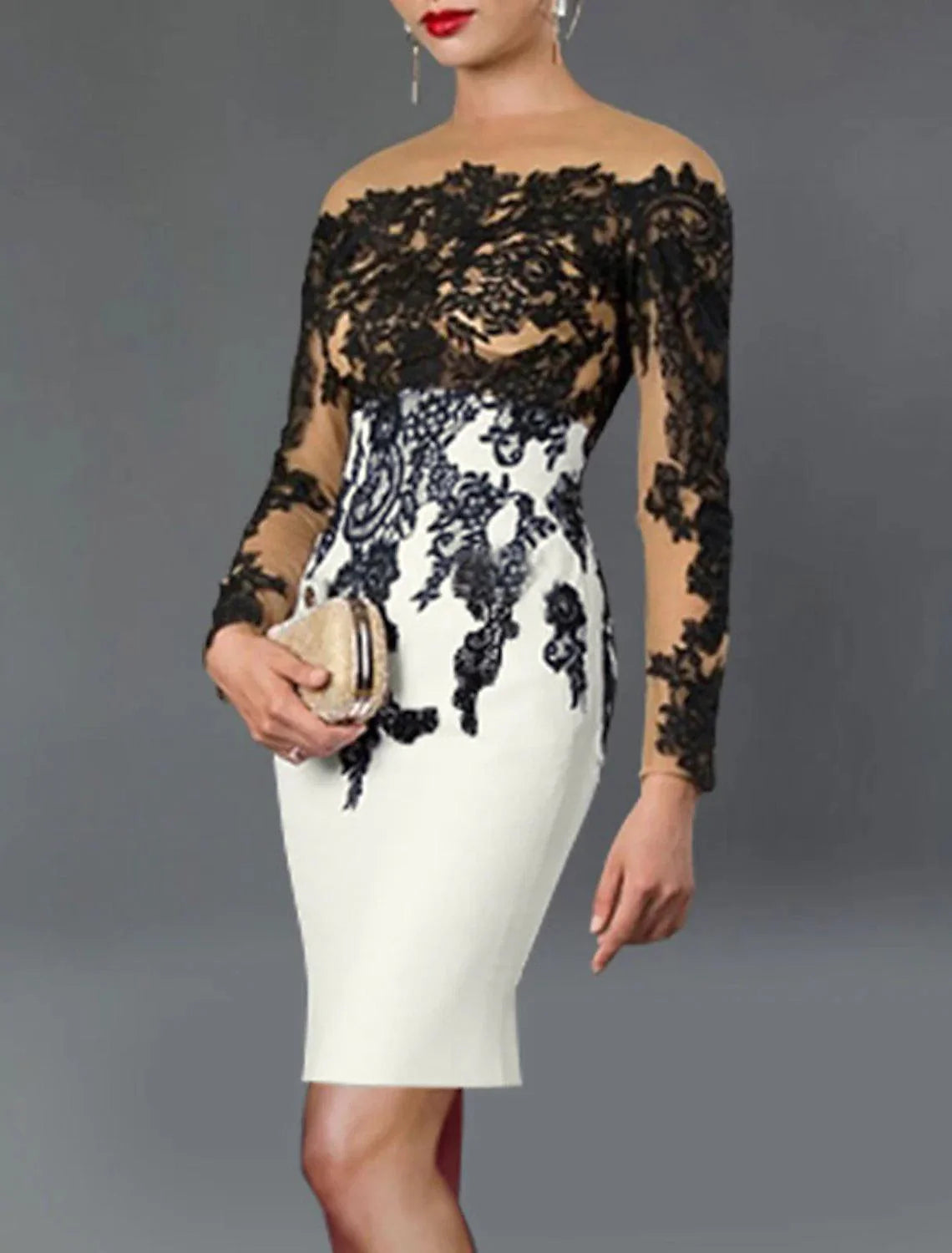 Vestido de cocktail preto com bainha/coluna, tamanho grande, elegante, para convidada de casamento no outono, para mãe, comprimento chá, manga comprida, ombro de fora, tecido elástico com aplicações
