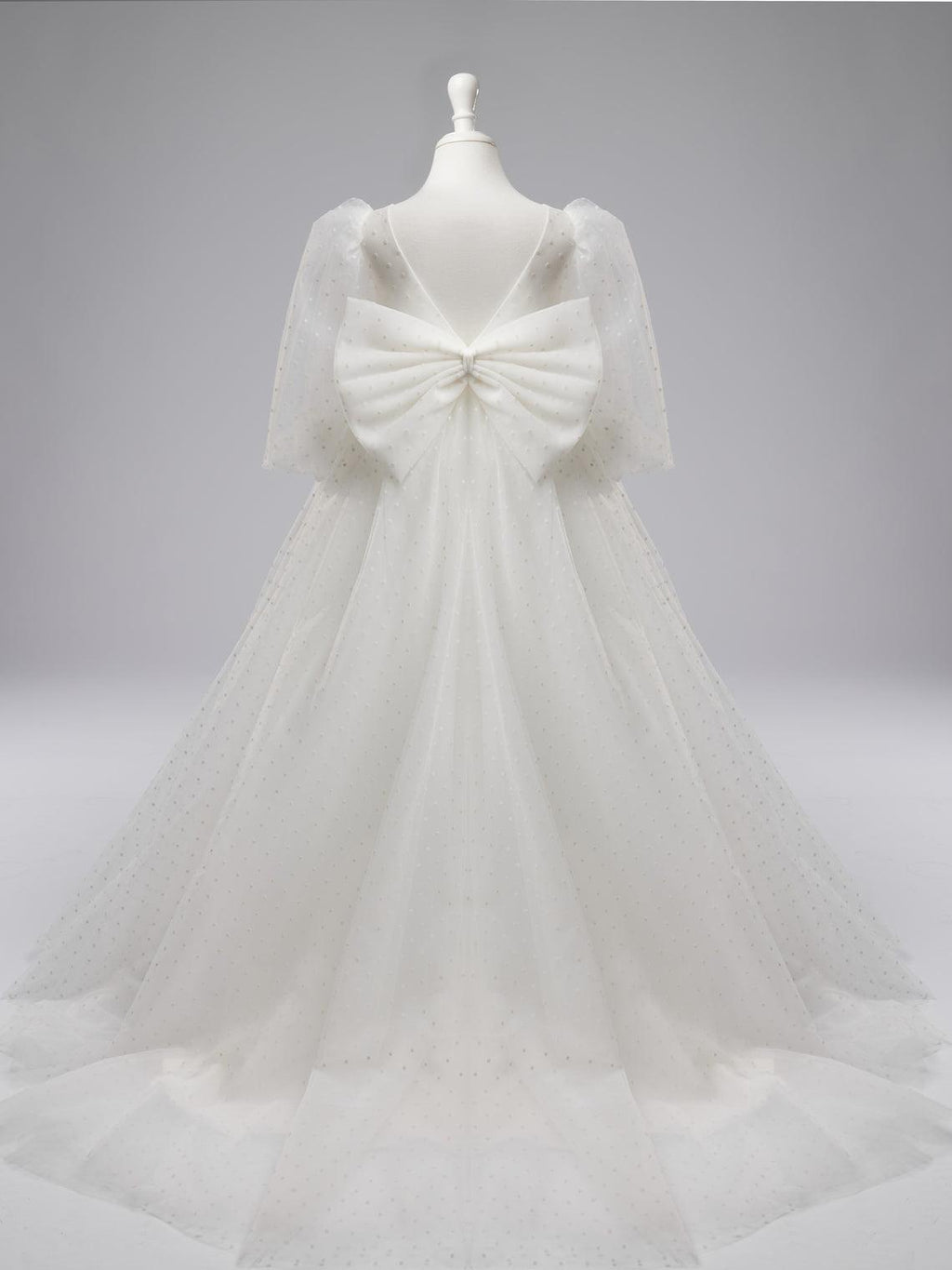Elegant Polka Dot Tulle Puff Sleeve Sweep Train First Communion Flower Girl Dress