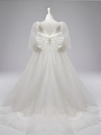 Elegant Polka Dot Tulle Puff Sleeve Sweep Train First Communion Flower Girl Dress