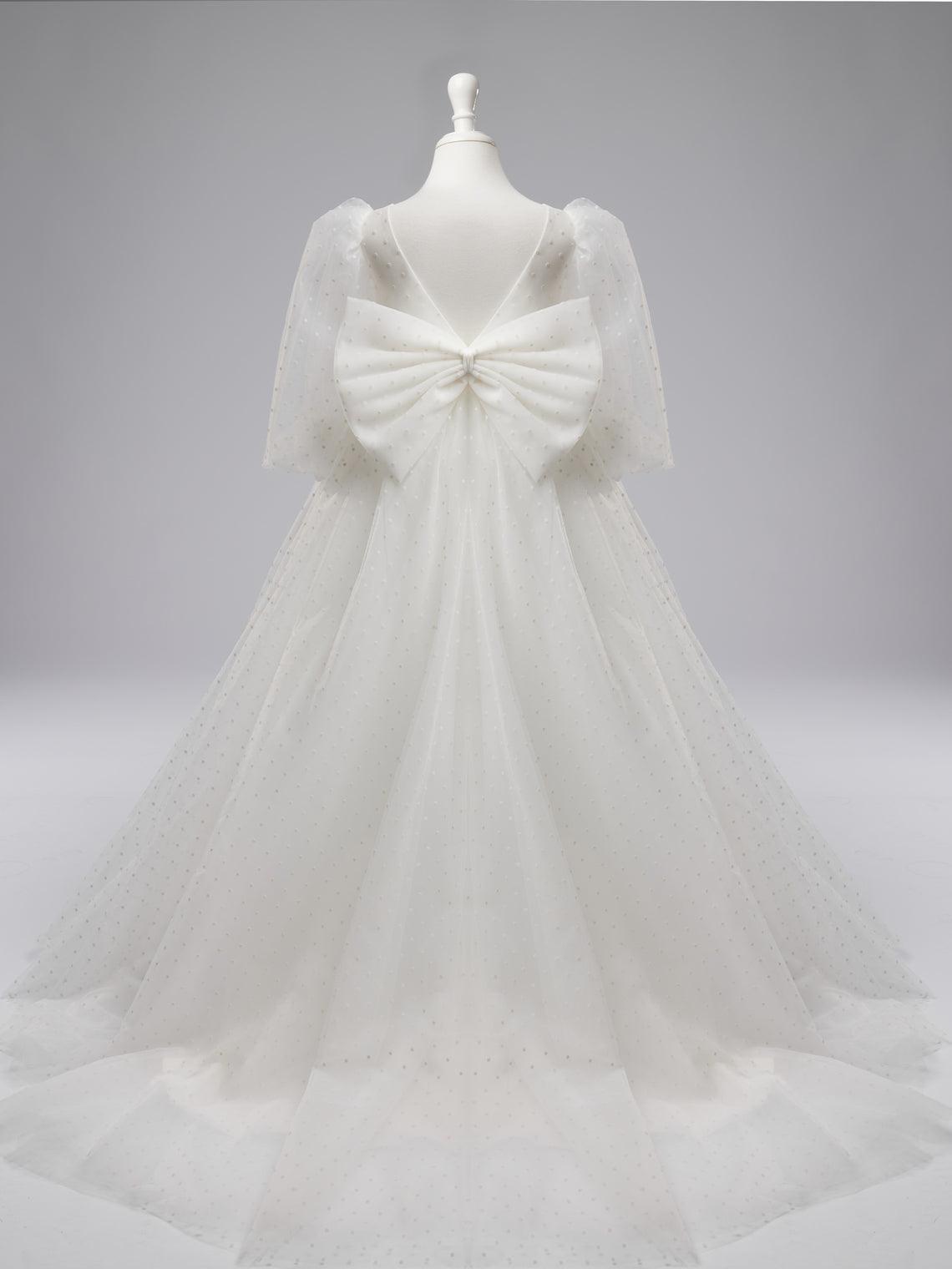 Elegant Polka Dot Tulle Puff Sleeve Sweep Train First Communion Flower Girl Dress