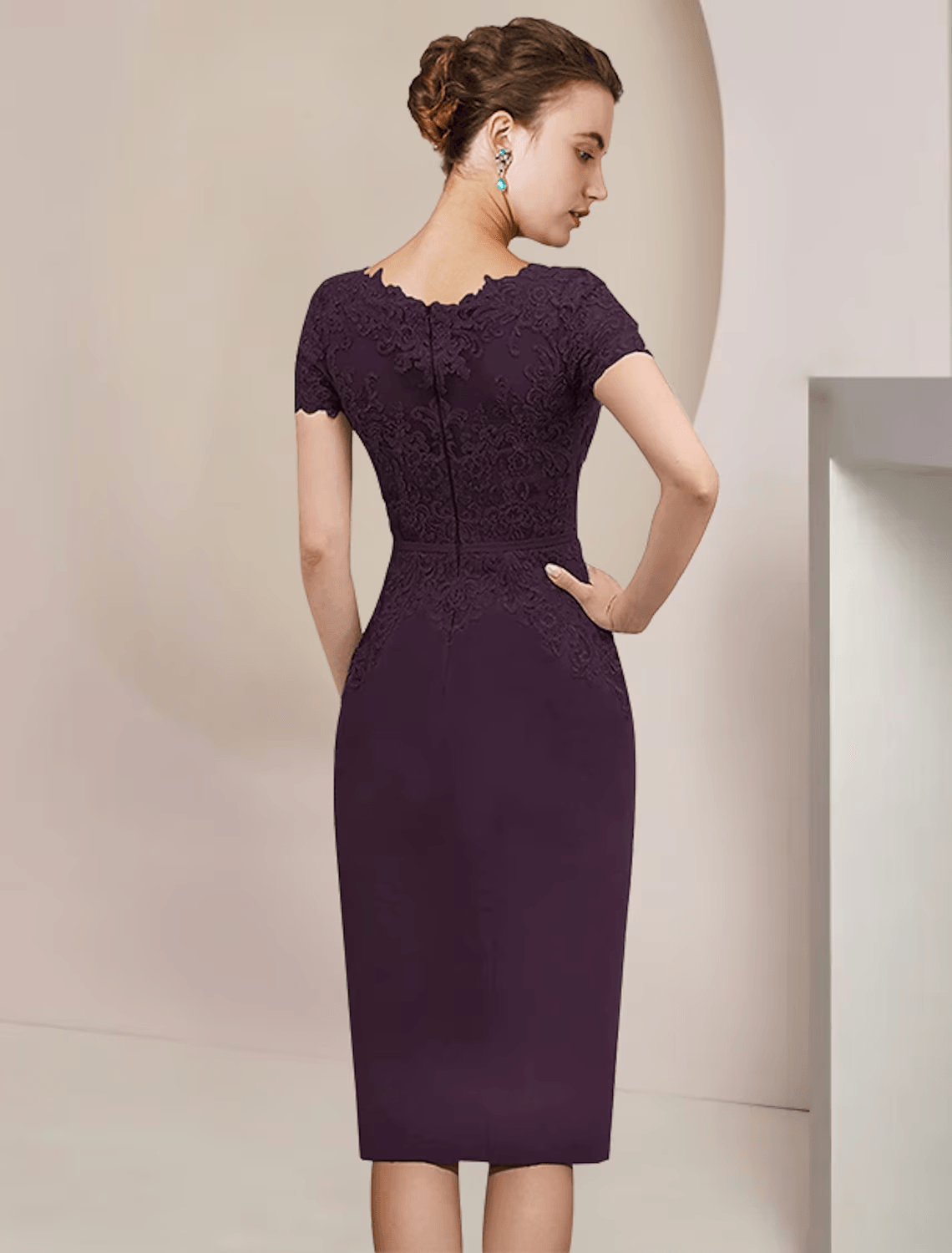 Vestido de mãe da noiva de duas peças, bainha/coluna, formal, para convidada de casamento, elegante, decote em V, comprimento até ao joelho, chiffon, renda, manga curta, com aplicações