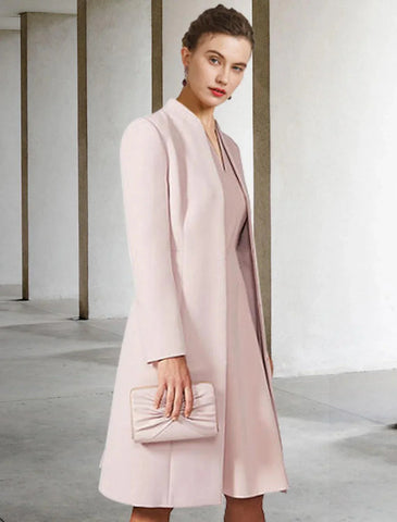 Zweiteiliges A-Linien-Kleid für die Mutter der Braut, Hochzeitsgast, Kirche, elegant, V-Ausschnitt, knielang, Chiffon, kurze Ärmel, Jackenkleider mit einfarbigem Herbst