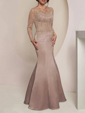 Meerjungfrau/Trompete Kleid für die Mutter der Braut, Hochzeitsgast, Party, elegant, Rundhalsausschnitt, bodenlang, Kunstseide, lange Ärmel mit Spitzenfalten