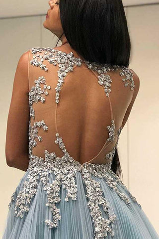 Decent Scoop Sky Blue Open Back Long Formal Prom Dress with Appliques  PG747