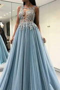 Robe de bal longue formelle à dos ouvert bleu ciel avec applications décentes  PG747