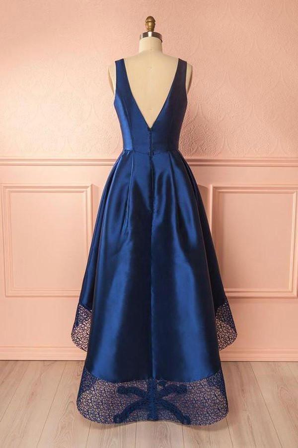 Deep Blue V-Ausschnitt High-Low Spitze Satin Abschlussballkleider Brautjungfernkleider PG384