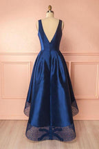 Deep Blue V-Ausschnitt High-Low Spitze Satin Abschlussballkleider Brautjungfernkleider PG384