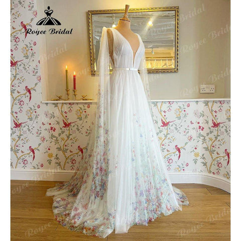 Tiefem V-Ausschnitt A-Linie Boho Beach Print Blumenhochzeitskleid für Frauen 2025 Vestidos Civil Brautkleider Vestido Fiesta Boda Invitada 