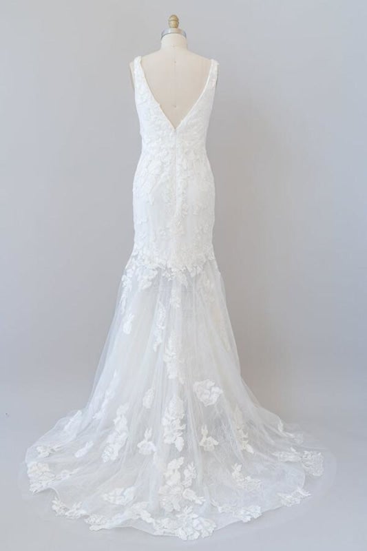 Tief ausgeschnittene Applikationen Tüll Meerjungfrau Elegante Hochzeitskleider