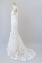 Tief ausgeschnittene Applikationen Tüll Meerjungfrau Elegante Hochzeitskleider