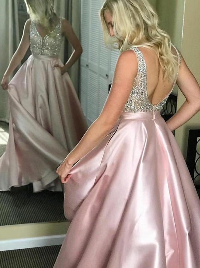 Vestidos de baile de cetim vermelho com decote em V profundo e contas, com bolsos, PG938