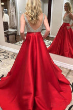 Vestidos de baile de cetim vermelho com decote em V profundo e contas, com bolsos, PG938