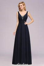 Deep V-Neck Beading A-line Bridesmaid Dress Floor Length Maid of Honor Dress