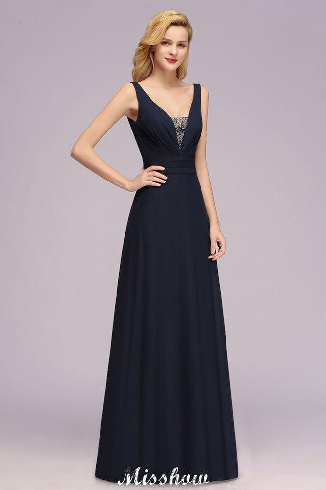 Deep V-Neck Beading A-line Bridesmaid Dress Floor Length Maid of Honor Dress