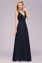 Deep V-Neck Beading A-line Bridesmaid Dress Floor Length Maid of Honor Dress