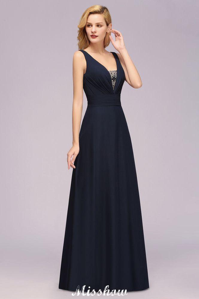 Deep V-Neck Beading A-line Bridesmaid Dress Floor Length Maid of Honor Dress