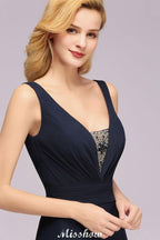 Deep V-Neck Beading A-line Bridesmaid Dress Floor Length Maid of Honor Dress