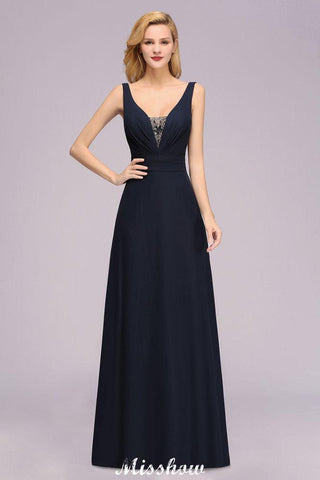 Deep V-Neck Beading A-line Bridesmaid Dress Floor Length Maid of Honor Dress