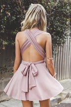 Tiefer V-Ausschnitt Kreuzträger Kurzes Blush Satin Heimkehrkleid PG198