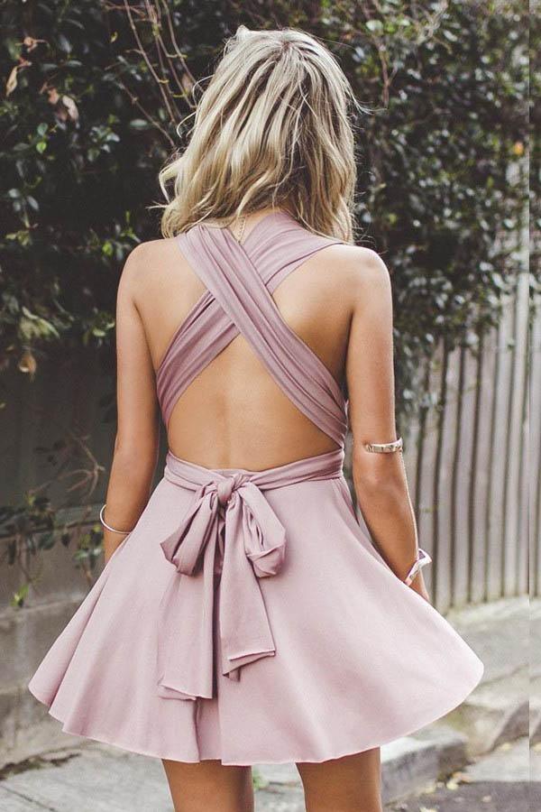 Tiefer V-Ausschnitt Kreuzträger Kurzes Blush Satin Heimkehrkleid PG198