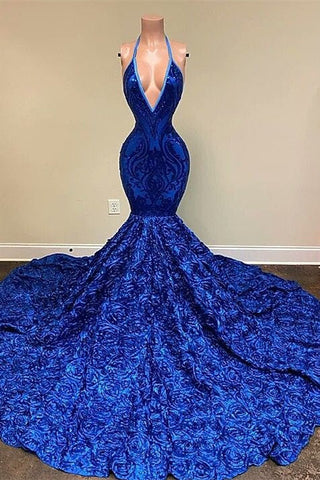 Deep V-neck Halter Mermaid Prom Dress with  Sequins and Floral