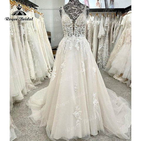 Tiefem V-Ausschnitt Spitze A-Linie Boho Brautkleid Applikationen 2025 Braut Strand Brautkleider Nach Maß Robe Soirée Mariage Elegant