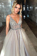 Langes, glitzerndes Ball-/Abendkleid mit tiefem V-Ausschnitt und offenem Rücken und Schlitz PSK003