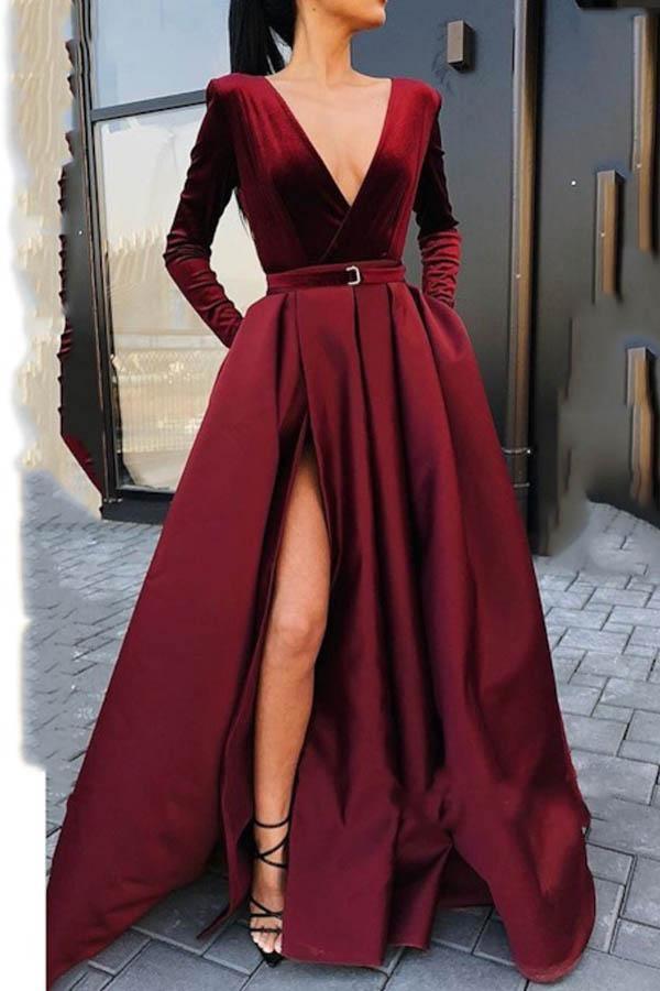 Deep V Neck Long Sleeves Burgundy Long Prom Dress PG812