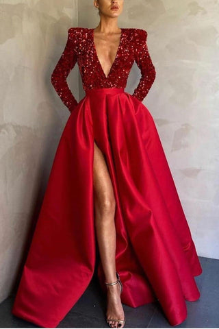 A-line V-Neck Long Sleeves Satin Sequins Prom Dress with Split