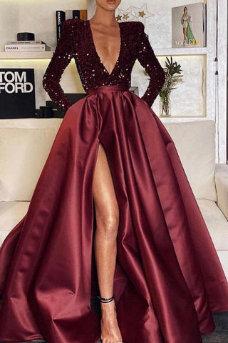 A-line V-Neck Long Sleeves Satin Sequins Prom Dress with Split