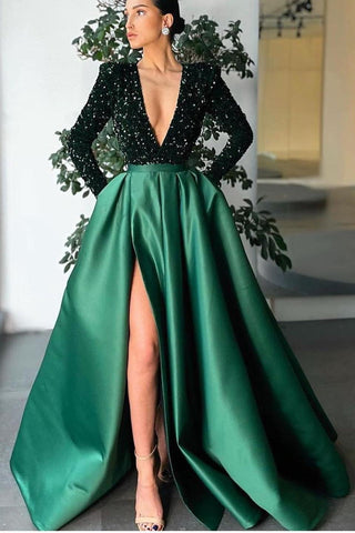 A-line V-Neck Long Sleeves Satin Sequins Prom Dress with Split