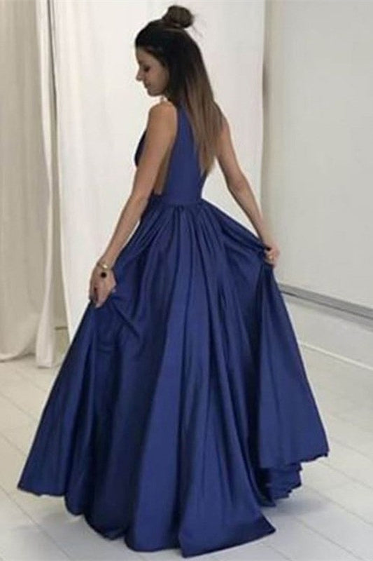 Vestido de festa comprido azul-marinho escuro, decote em V, costas nuas e bolsos