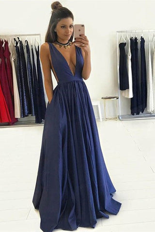Dark Navy Long A-line V-Neck Backless Prom Dress with Pockets