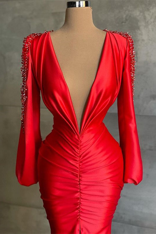 Long Sleeves V-Neck Red Mermaid Evening Prom Dress with Slit