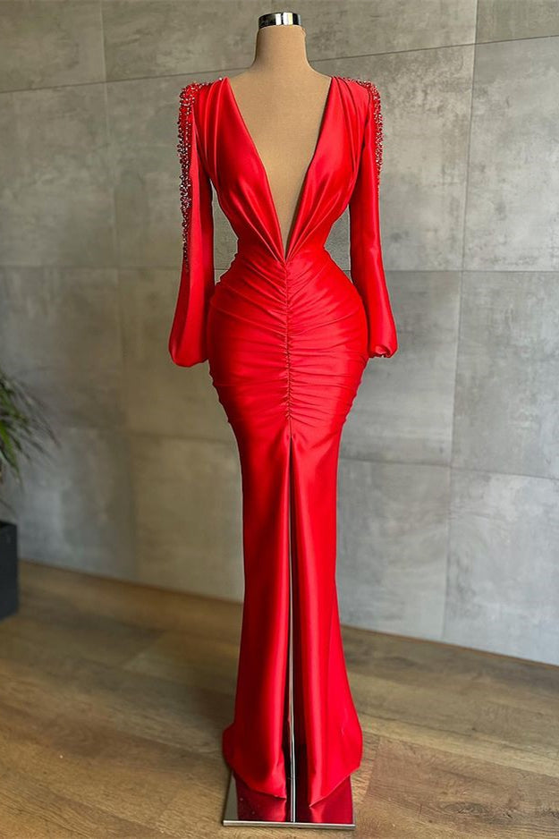 Long Sleeves V-Neck Red Mermaid Evening Prom Dress with Slit
